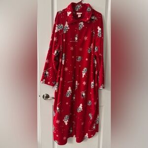 #2252  Serenada Micro Fleece Cozy Bathrobe Red with Skiing Penguins & Snowflakes